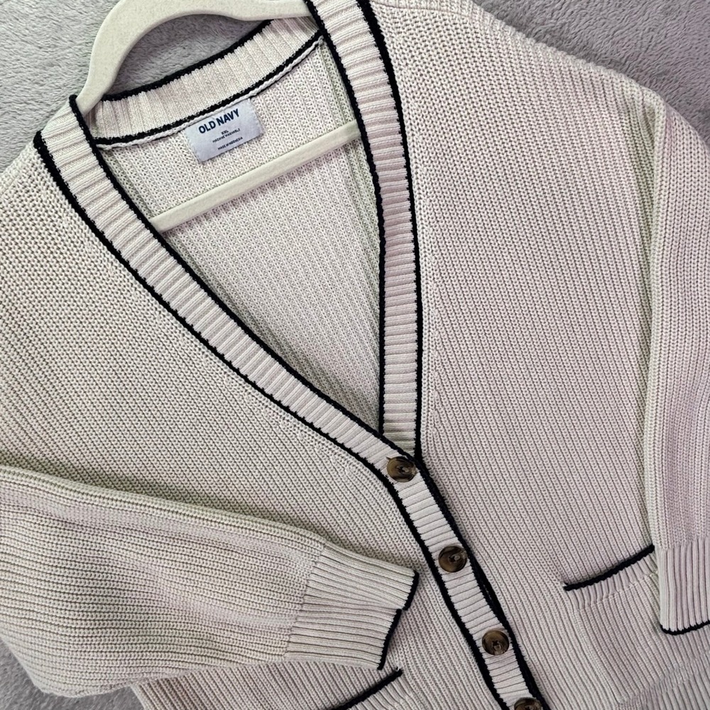 Old Navy Mens Varsity Cardi XXL Cream Navy Shaker Knit Button Cardigan Sweater